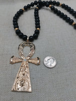Gold Tone Ankh Pendant Necklace Black Beaded Jewelry Men Ethnic Egyptian