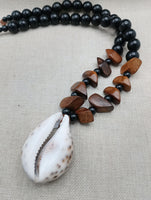 Men Necklace Large Cowrie Shell Beaded Black Wooden Jewelry Ethnic Handmade Statement