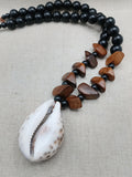 Men Necklace Large Cowrie Shell Beaded Black Wooden Jewelry Ethnic Handmade Statement