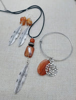 Women Fall Fashion Jewelry Set Leaves Silver Agate Necklace Earrings Bracelets
