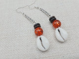 Cowrie Earrings Brown Orange Silver Women Dangle Handmade Beaded
