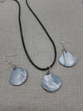 Mother of Pearl Jewelry Set  Necklace Earrings Black Cord Women Boho Beach Silver