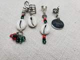 Pan African Locs Hair Jewelry Dangle Silver Red Black Green Beaded Proverbs 3:5 Cowrie