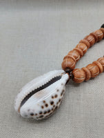 Large Cowrie Shell Necklace Men Jewelry Beaded Orange Wood Brown Gift Handmade