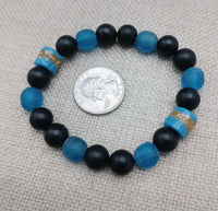 Blue Bracelet Black Beaded Glass Ethnic African Krobo Stone Unisex Jewelry Stretch Size 7