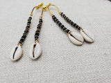 Women Clip On Earrings Black Gold Cowrie Long Dangle Beaded Jewelry Non Pierced