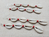Women Jewelry Long Cowrie Earrings Beaded Red Silver Handmade Dangle Summer
