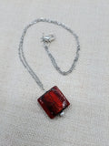 Women Necklace Long Stainless Steel Chain Amber Red Glass Square Jewelry
