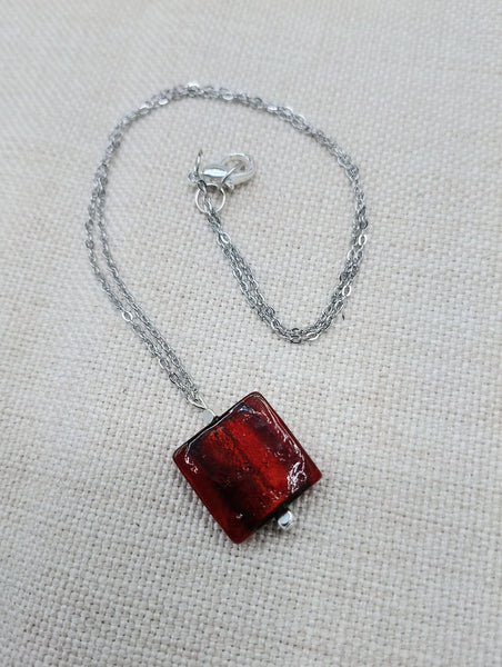 Women Necklace Long Stainless Steel Chain Amber Red Glass Square Jewelry