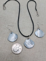 Mother of Pearl Jewelry Set  Necklace Earrings Black Cord Women Boho Beach Silver