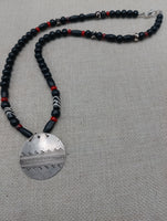 Women's Tribal Silver Black Red Beaded Ethnic Pendant Statement Jewelry