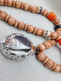 Large Cowrie Shell Necklace Men Jewelry Beaded Orange Wood Brown Gift Handmade