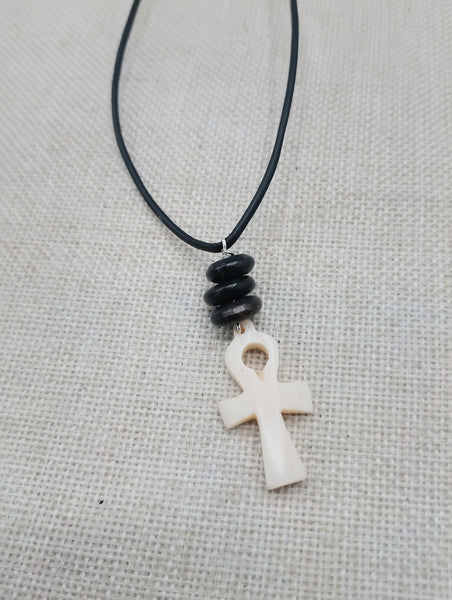 Small Ankh Pendant Necklace Black Cord Beaded Unisex Egyptian Jewelry Minimalist