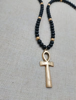 Gold Tone Ankh Pendant Black Beaded Necklace Unisex Jewelry Egyptian Ethnic