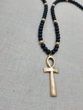 Gold Tone Ankh Pendant Black Beaded Necklace Unisex Jewelry Egyptian Ethnic