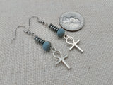 Silver Ankh Earrings Egyptian Beaded Women Dangle Hematite
