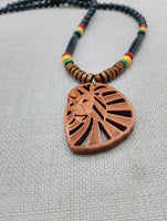 Wooden Lion Necklace Beaded Men Rasta Ghana Unisex Red Black Green Yellow Handmade Jewelry