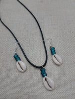 Cowrie Shell Jewelry Set Necklace Earrings Glass Teal Beaded Black Cord Women
