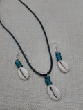 Cowrie Shell Jewelry Set Necklace Earrings Glass Teal Beaded Black Cord Women