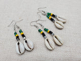 Small Women Jamaica Earrings Green Yellow Black Beaded Dangle Cowrie Jewelry