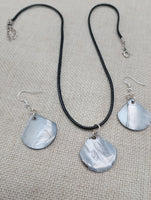 Mother of Pearl Jewelry Set  Necklace Earrings Black Cord Women Boho Beach Silver