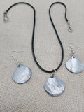 Mother of Pearl Jewelry Set  Necklace Earrings Black Cord Women Boho Beach Silver