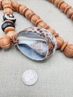 Large Cowrie Shell Necklace Wooden Carved Beaded Jewelry Men Beach Boho