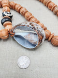 Large Cowrie Shell Necklace Wooden Carved Beaded Jewelry Men Beach Boho
