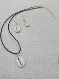 Women Cowrie Jewelry Set Necklace Earrings Black Cord Gold Tone Small Ethnic Statement