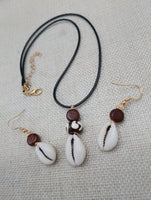 Cowrie Set Jewelry Beaded Wood black Cord Earrings Necklace Women Gift Idea Handmade