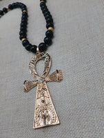 Gold Tone Ankh Pendant Necklace Black Beaded Jewelry Men Ethnic Egyptian