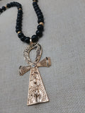 Gold Tone Ankh Pendant Necklace Black Beaded Jewelry Men Ethnic Egyptian