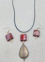 Antique Copper Teardrop Murano Glass Women Necklace Jewelry Set Earrings Amber Red