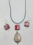 Antique Copper Teardrop Murano Glass Women Necklace Jewelry Set Earrings Amber Red