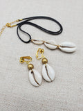 Women Jewelry Set Cowrie Necklace Clip On Earrings Gold Non Pierced Dangle Gift Set Birthday