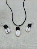 African Cowrie Set Jewelry Black Beaded Silver Necklace Earrings Fashion Women