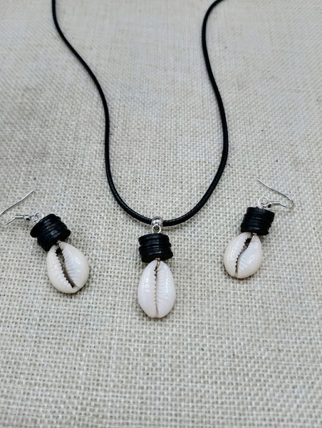African Cowrie Set Jewelry Black Beaded Silver Necklace Earrings Fashion Women