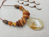 Women Necklace Set Glass Brown Pendant Leather Jewelry Set Earrings Cowrie Ethnic Danlge