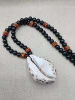 Men Necklace Cowrie Shell Jewelry Black Brown Wood Beaded Ethnic Handmade