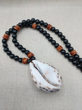 Men Necklace Cowrie Shell Jewelry Black Brown Wood Beaded Ethnic Handmade