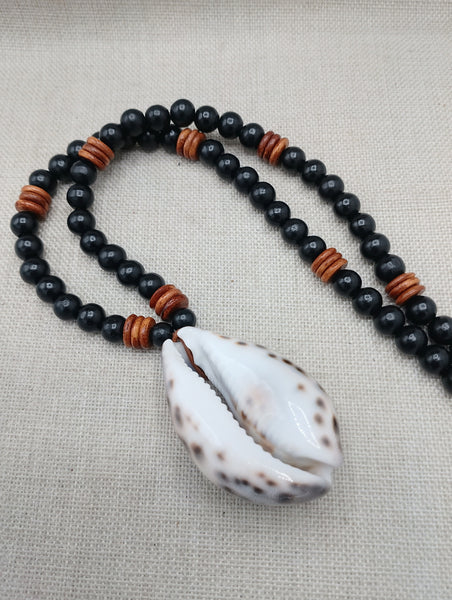 Men Necklace Cowrie Shell Jewelry Black Brown Wood Beaded Ethnic Handmade