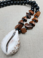 Men Necklace Large Cowrie Shell Beaded Black Wooden Jewelry Ethnic Handmade Statement