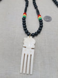Men's African Necklace Rasta Ghana Beaded Jewelry Duafe Adinkra Black Handmade