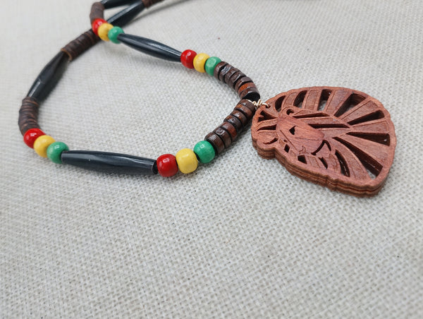 Lion Necklace Wooden Leo the Lions Jewelry Beaded Red Yellow Green Unisex