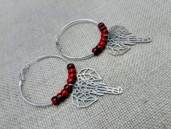 Silver Elephant Earrings Hoop Jewelry Red Women Dangle Gift Ideas