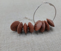 Women's Silver Hoop Earrings Wooden Beads Jewelry Ethnic Handmade