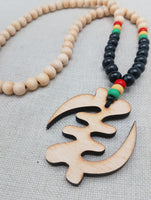 Gye Nyame Beaded Necklace Ghana Jewelry Wooden Pendant Red Yellow Green Men