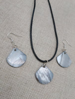 Mother of Pearl Jewelry Set  Necklace Earrings Black Cord Women Boho Beach Silver