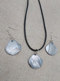 Mother of Pearl Jewelry Set  Necklace Earrings Black Cord Women Boho Beach Silver