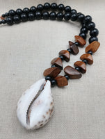 Men Necklace Large Cowrie Shell Beaded Black Wooden Jewelry Ethnic Handmade Statement